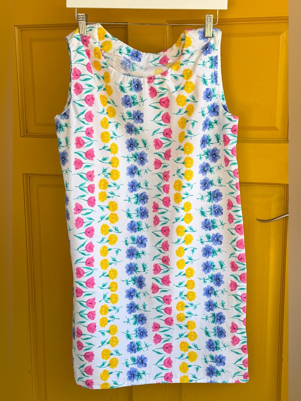 Women's White Floral Shift Dress with Pink, Yellow & Blue Blooms